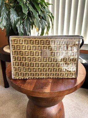 FENDI Zucchino FF Monogram Pouch Bag, Taupe, Camel Tan